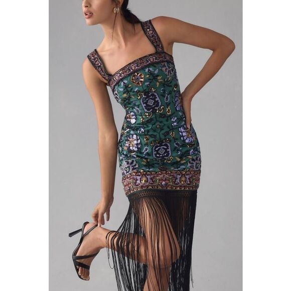 Anthropologie Slim Fringed Midi Dress Embroidered Beaded Fringe Size 14 NEW - Picture 2 of 5